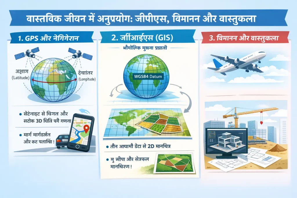 वास्तविक जीवन में अनुप्रयोग: जीपीएस, विमानन और वास्तुकला