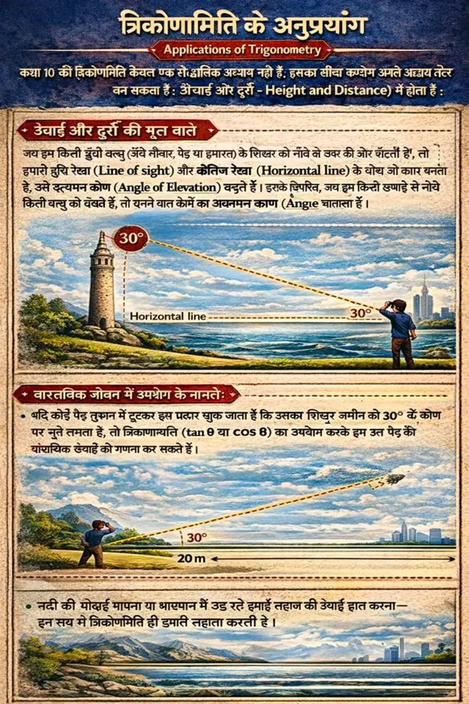 कक्षा 10 गणित अध्याय 8: त्रिकोणमिति का परिचय (NCERT Solutions, Notes, Formulas & Tricks) त्रिकोणमिति के अनुप्रयोग (Applications of Trigonometry)