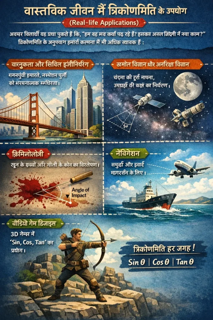 कक्षा 10 गणित अध्याय 8: त्रिकोणमिति का परिचय (NCERT Solutions, Notes, Formulas & Tricks) वास्तविक जीवन में त्रिकोणमिति के उपयोग (Real-life Applications)