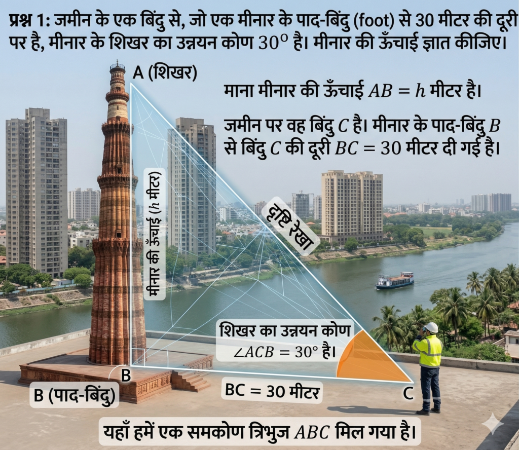 आसानी से Master करें Trigonometry Applications | कक्षा 10 अध्याय 9 Complete Guide (UP & CBSE) minar question diagram in application of trignometry