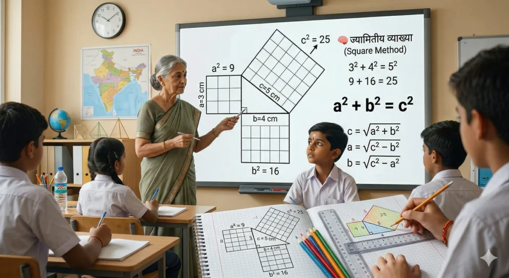 Baudhayan प्रमेय vs Pythagoras प्रमेय: सूत्र, 3 प्रमाण, अंतर और उदाहरण सहित सम्पूर्ण गाइड परिभाषा के अनुसार: "एक समकोण त्रिभुज में, समकोण के ठीक सामने वाली सबसे लंबी भुजा (कर्ण) पर बने वर्ग का क्षेत्रफल, अन्य दो भुजाओं (लंब और आधार) पर बने वर्गों के क्षेत्रफलों के योग के बराबर होता है।"