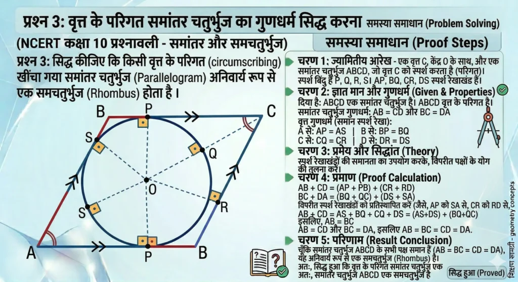 कक्षा 10 गणित अध्याय 10: वृत्त (Circle) – आसान भाषा में सम्पूर्ण नोट्स, सूत्र व प्रश्न समाधान प्रश्न 3: सिद्ध कीजिए कि किसी वृत्त के परिगत (circumscribing) खींचा गया समांतर चतुर्भुज (Parallelogram) अनिवार्य रूप से एक समचतुर्भुज (Rhombus) होता है ।