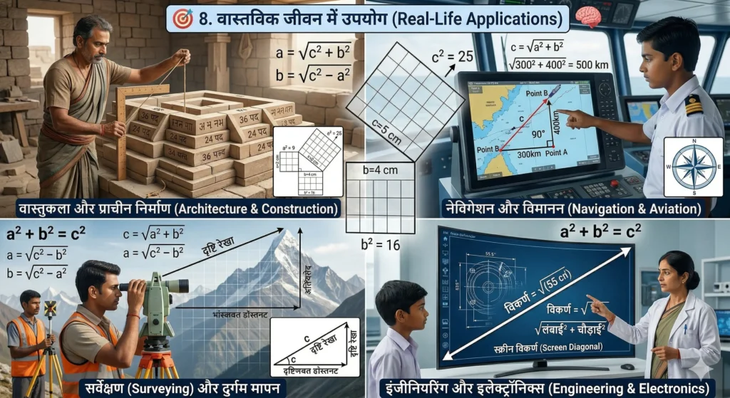 Baudhayan प्रमेय vs Pythagoras प्रमेय: सूत्र, 3 प्रमाण, अंतर और उदाहरण सहित सम्पूर्ण गाइड 🎯 8. वास्तविक जीवन में उपयोग (Real-Life Applications) of baudhayan theorem