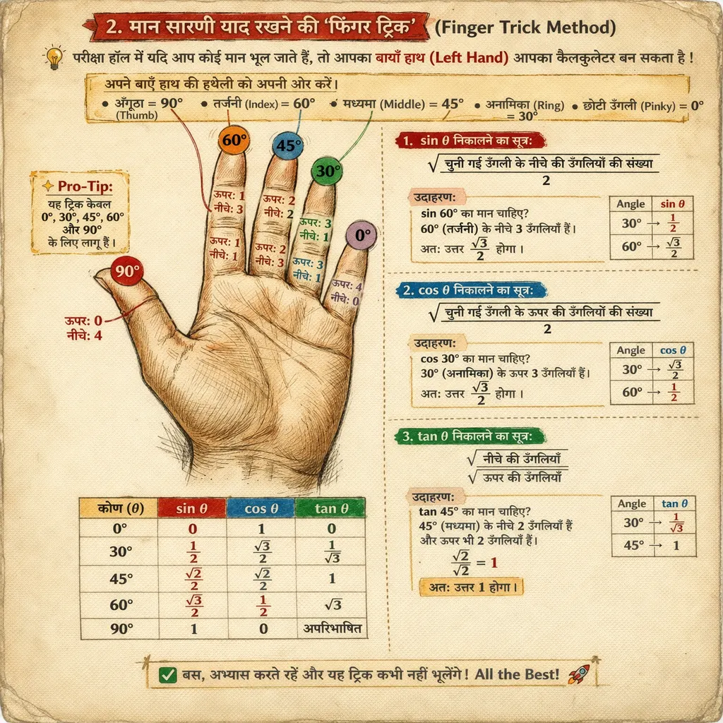 कक्षा 10 गणित अध्याय 8: त्रिकोणमिति का परिचय (NCERT Solutions, Notes, Formulas & Tricks) मान सारणी याद रखने की 'फिंगर ट्रिक' (Finger Trick Method)