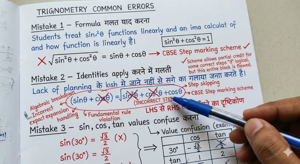 कक्षा 10 त्रिकोणमिति में होने वाली Top 15 Mistakes (Board Exam Guide) – उदाहरण और समाधान सहित Mistake 1 – Formula गलत याद करना in trigonometry