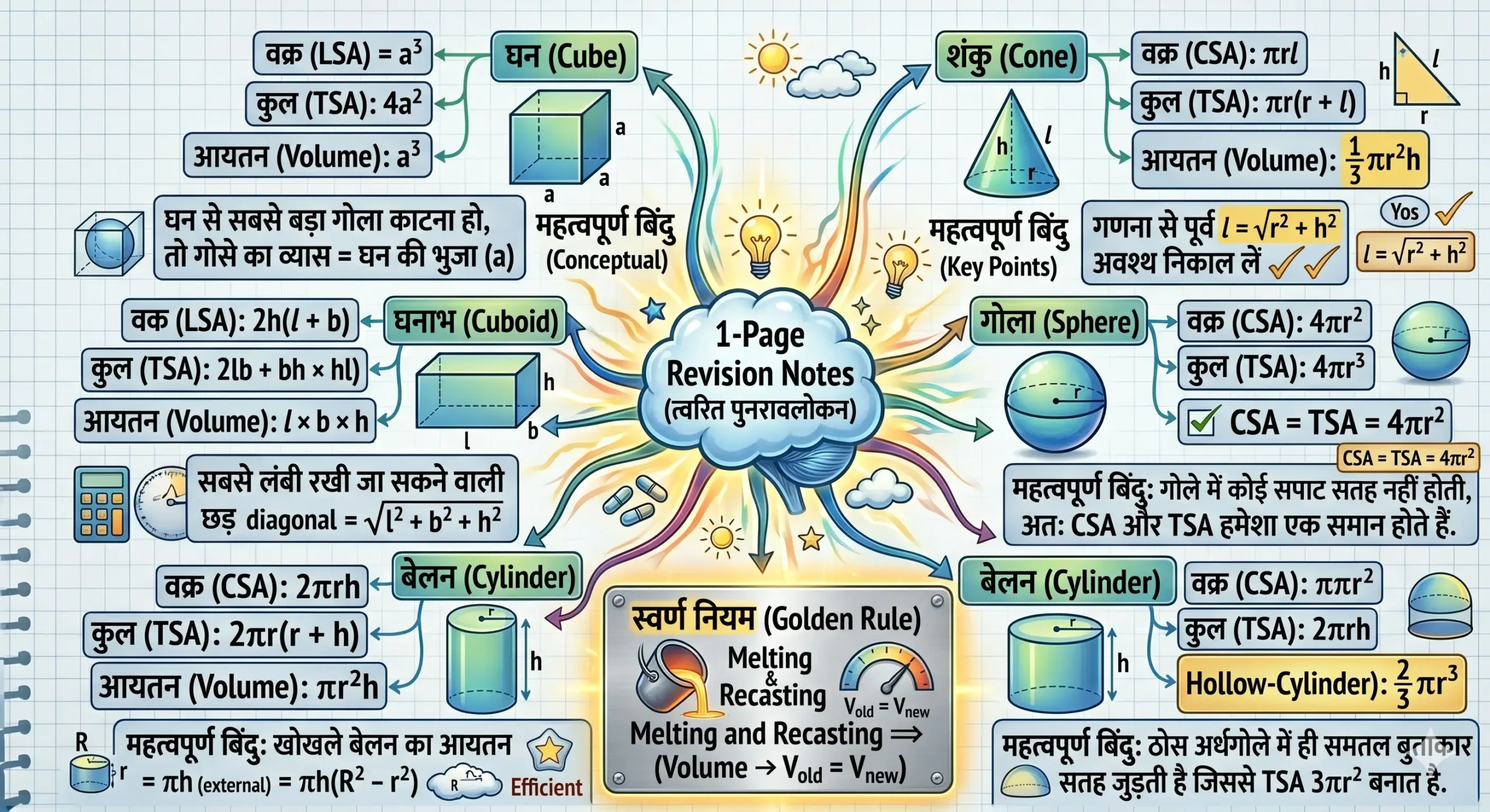 100% Score: कक्षा 10 गणित अध्याय 13 पृष्ठीय क्षेत्रफल और आयतन (Concepts & Tricks)