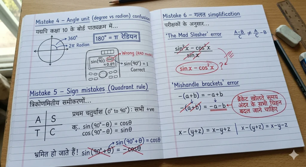 कक्षा 10 त्रिकोणमिति में होने वाली Top 15 Mistakes (Board Exam Guide) – उदाहरण और समाधान सहित Mistake 4 – Angle unit (degree vs radian) confusion in trigonometry