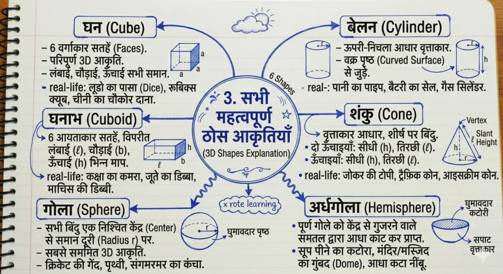 3. सभी महत्वपूर्ण ठोस आकृतियाँ (3D Shapes Explanation)
