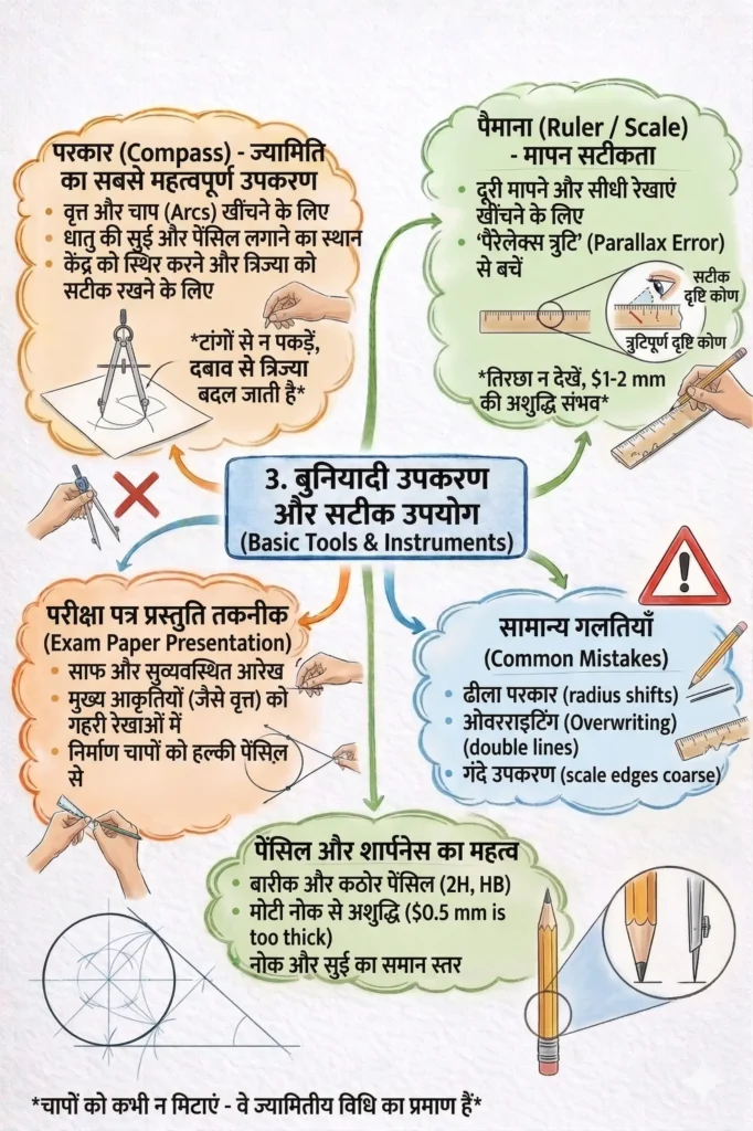 ज्यामितीय बुनियादी उपकरण और सटीक उपयोग (Basic Tools & Instruments)