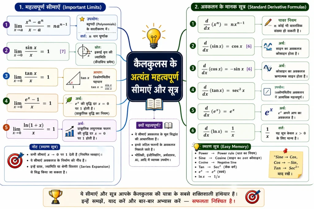 limits and derivate's Formula Sheet (अति-महत्वपूर्ण सूत्र) mind map