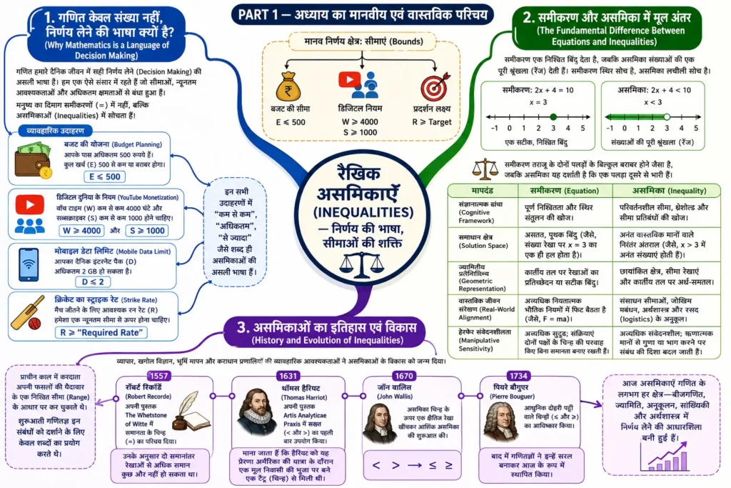 linear enquality अध्याय का मानवीय एवं वास्तविक परिचय mind map