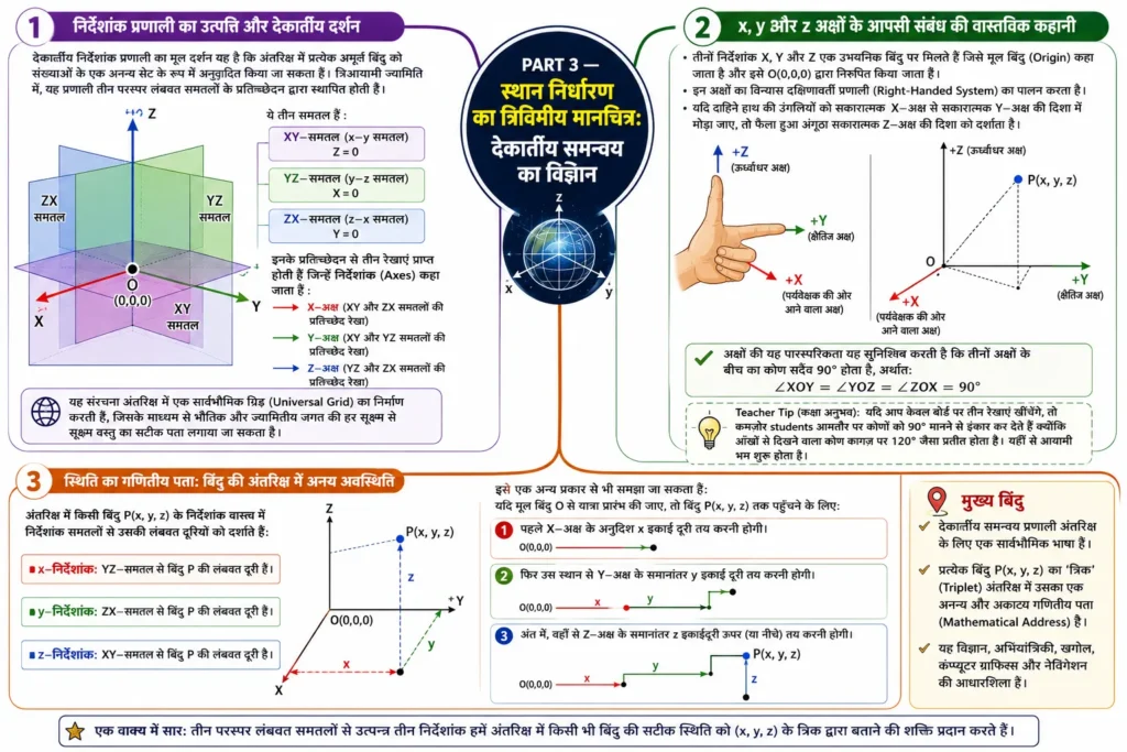 PART 3 — स्थान निर्धारण का त्रिविमीय मानचित्र: देकार्तीय समन्वय का विज्ञान mind map