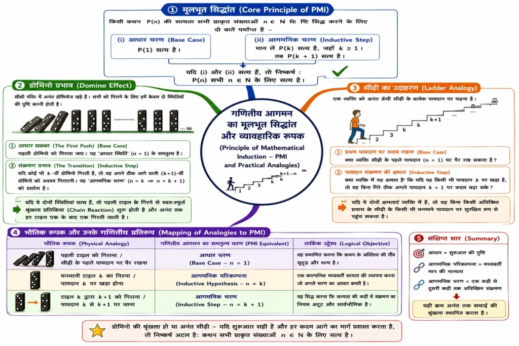 गणितीय आगमन का मूलभूत सिद्धांत और व्यावहारिक रूपक mind map