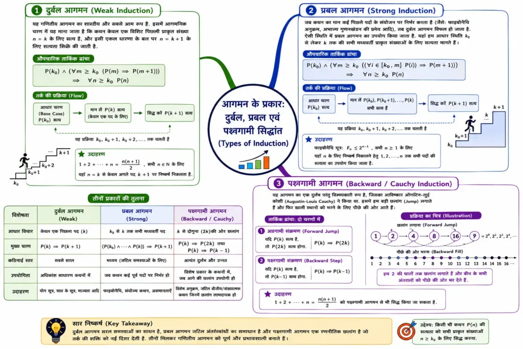 आगमन के प्रकार: दुर्बल, प्रबल एवं पश्चगामी सिद्धांत mind map