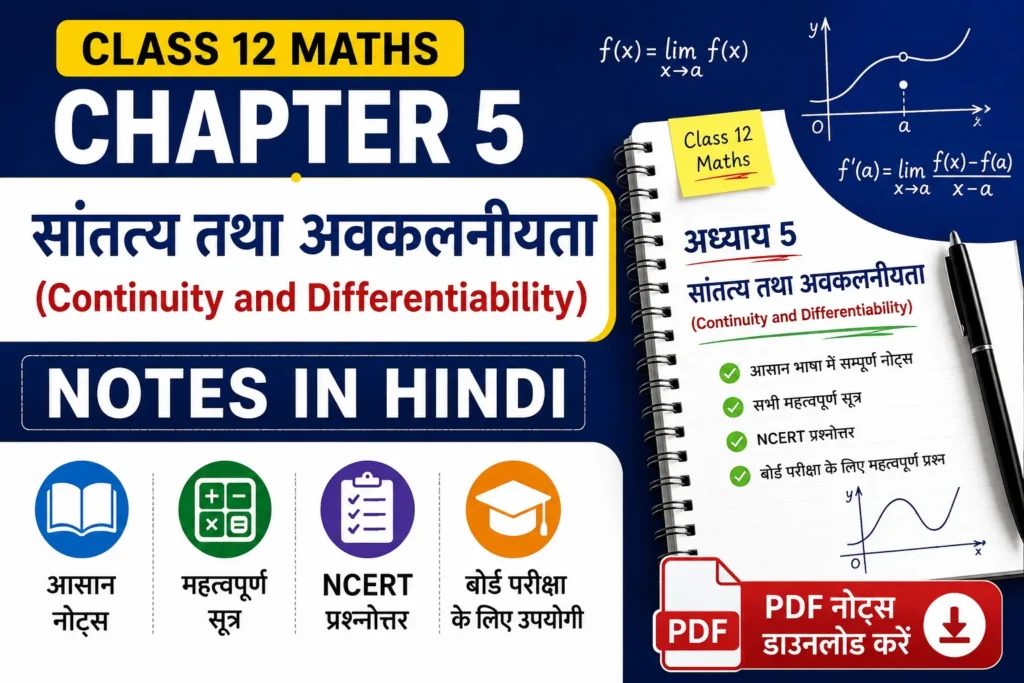 Class 12 Maths Chapter 5 Notes in Hindi – सांतत्य तथा अवकलनीयता का Mind map से Complete Notes, सूत्र व PYQ