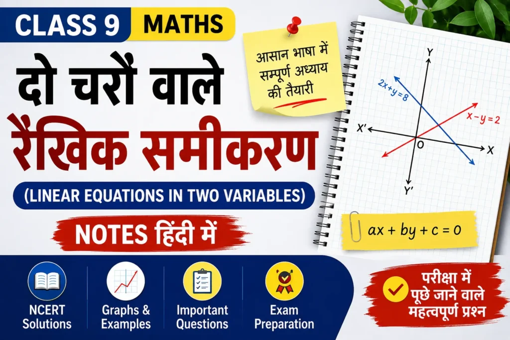 दो चरों वाले रैखिक समीकरण Class 9 Notes Hindi: NCERT Solutions, Graphs, Formulas और महत्वपूर्ण प्रश्न