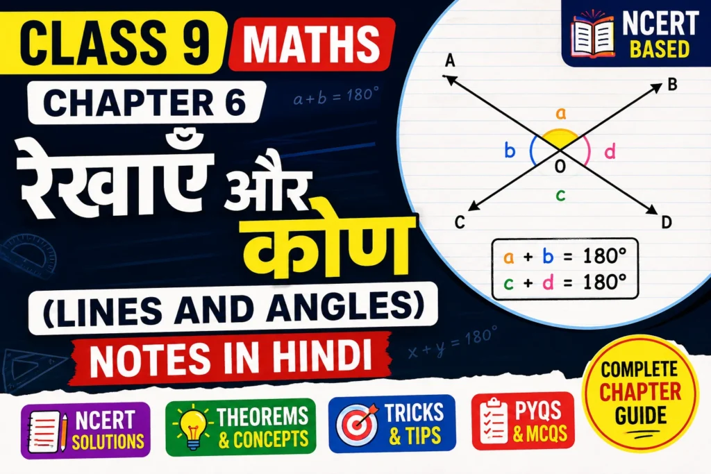 Class 9 Maths Chapter 6: रेखाएँ और कोण (Lines and Angles) Notes in Hindi – NCERT Solutions, Theorems, Tricks & PYQs