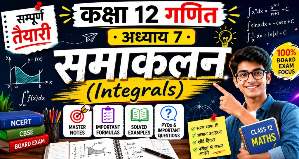कक्षा 12 गणित अध्याय 7: समाकलन (Integrals) की सम्पूर्ण तैयारी – Master Notes, सूत्र, उदाहरण व PYQs