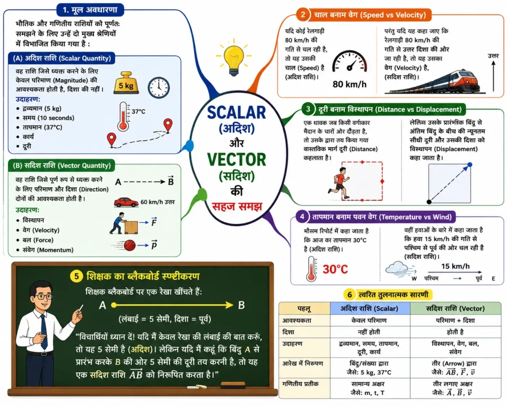 Scalar (अदिश) और Vector (सदिश) की सहज समझ mind map