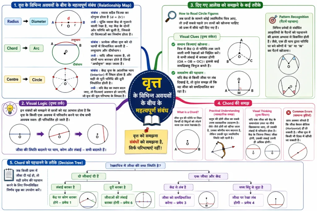 वृत्त के विभिन्न अवयवों के बीच के महत्वपूर्ण संबंध।