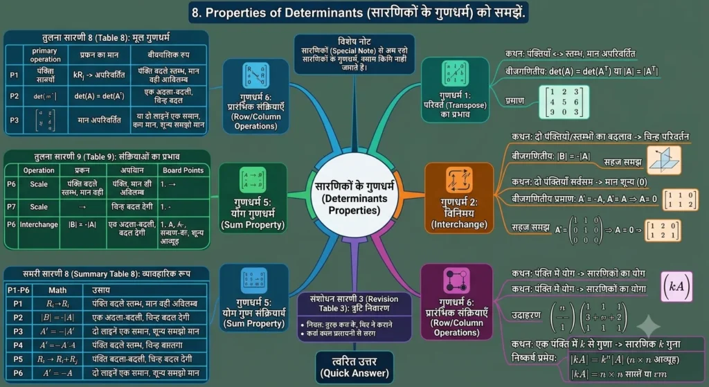 8. Properties of Determinants (सारणिकों के गुणधर्म) को समझें। mind map