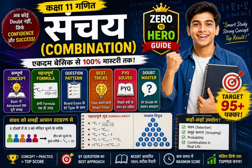 संचय (Combination) Zero to Hero Guide| कक्षा 11 गणित का सम्पूर्ण Concept, Formula, Question Pattern, Tricks, PYQ एवं Doubt Master Guide