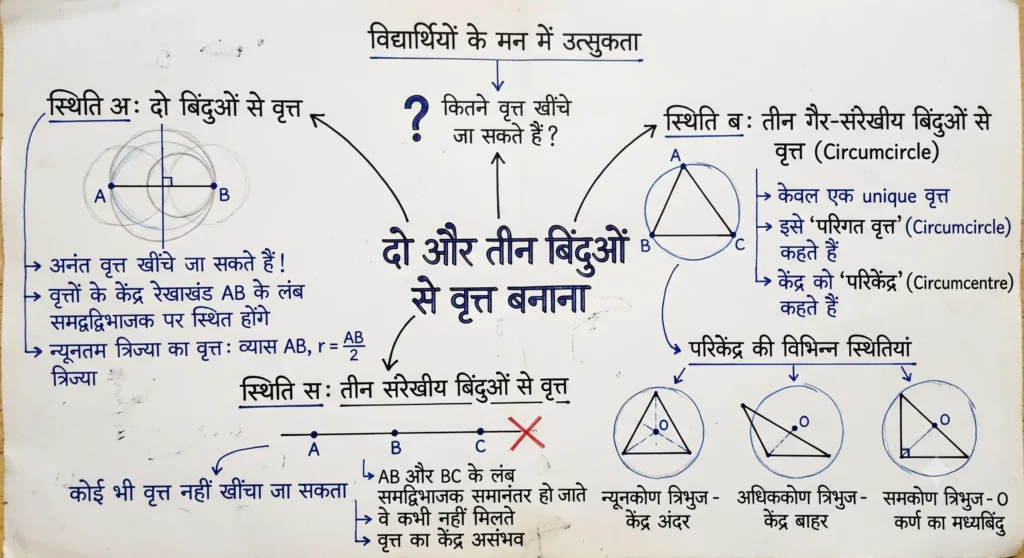 दो और तीन बिंदुओं से वृत्त बनाना