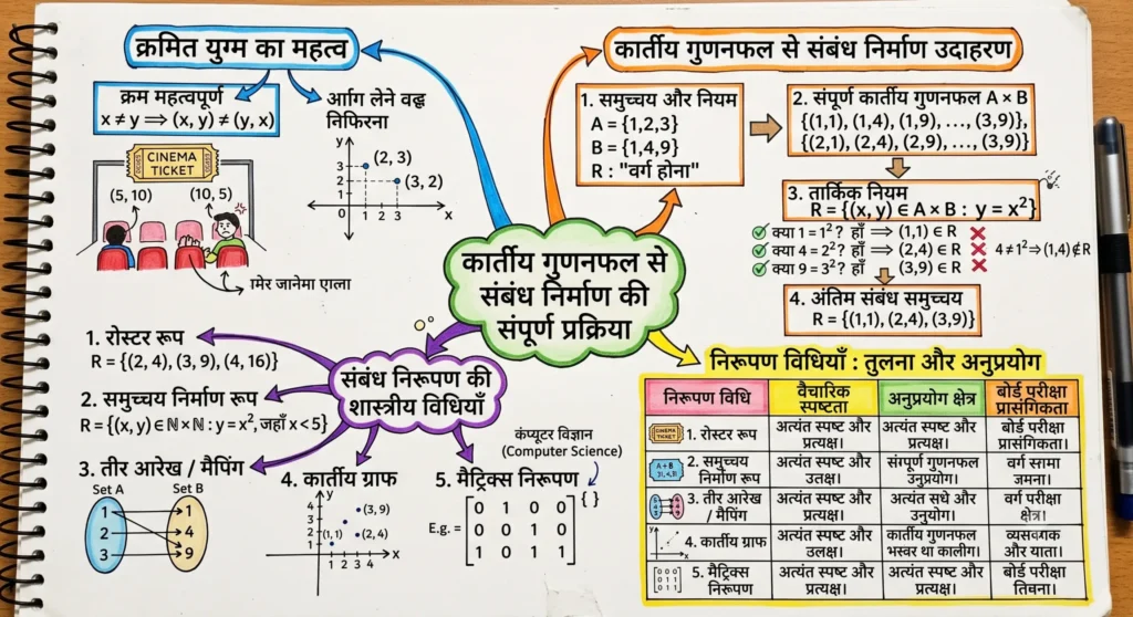 कार्तीय गुणनफल से संबंध निर्माण की संपूर्ण प्रक्रिया।