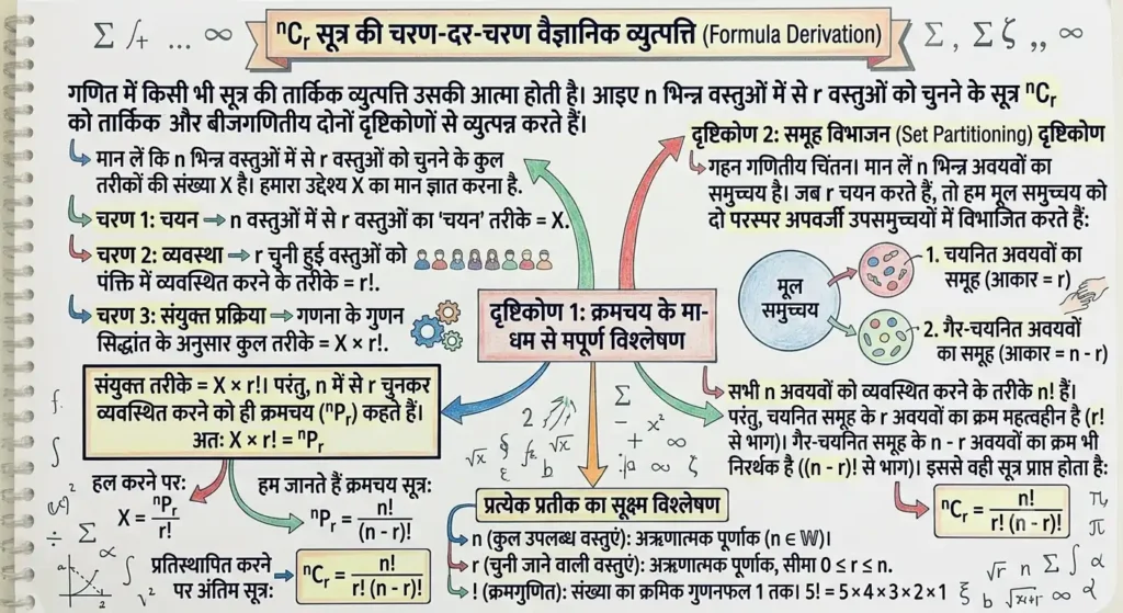 $^nC_r$ सूत्र की चरण-दर-चरण वैज्ञानिक व्युत्पत्ति (Formula Derivation)