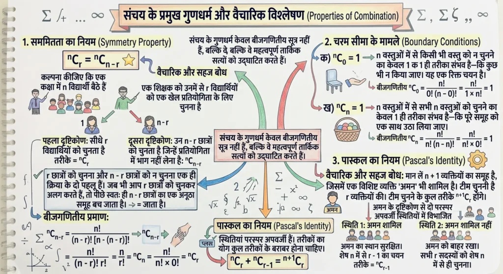 संचय के प्रमुख गुणधर्म और वैचारिक विश्लेषण (Properties of Combination)