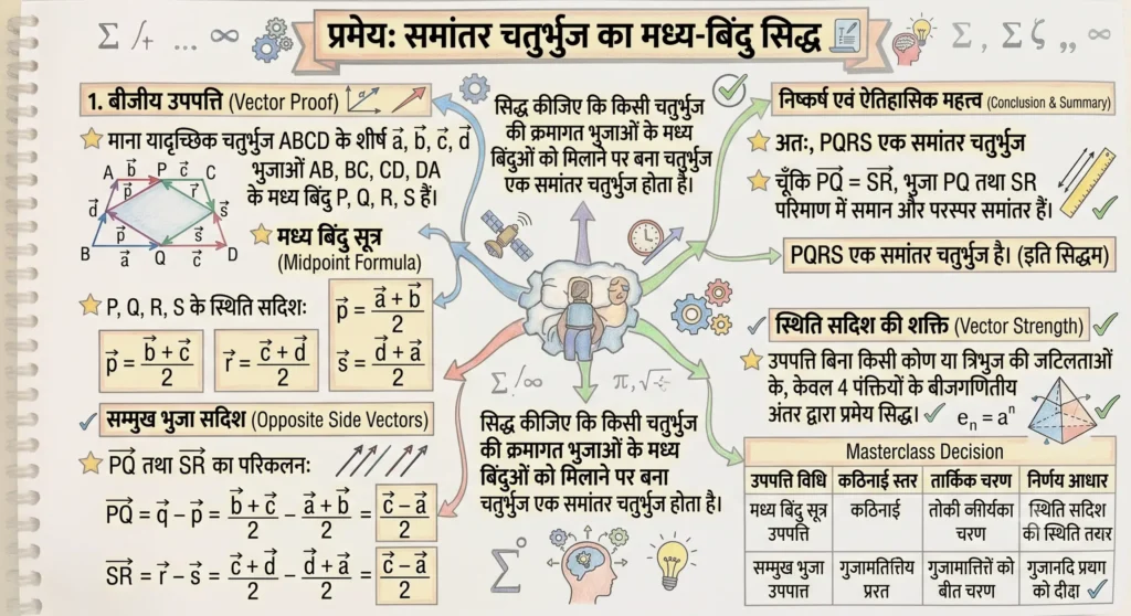 प्रमेय: सिद्ध कीजिए कि किसी चतुर्भुज की क्रमागत भुजाओं के मध्य बिंदुओं को मिलाने पर बना चतुर्भुज एक समांतर चतुर्भुज होता है।