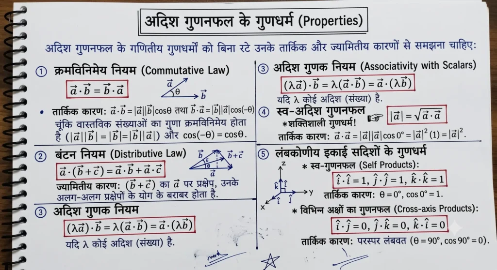 अदिश गुणनफल के गुणधर्म (Properties)