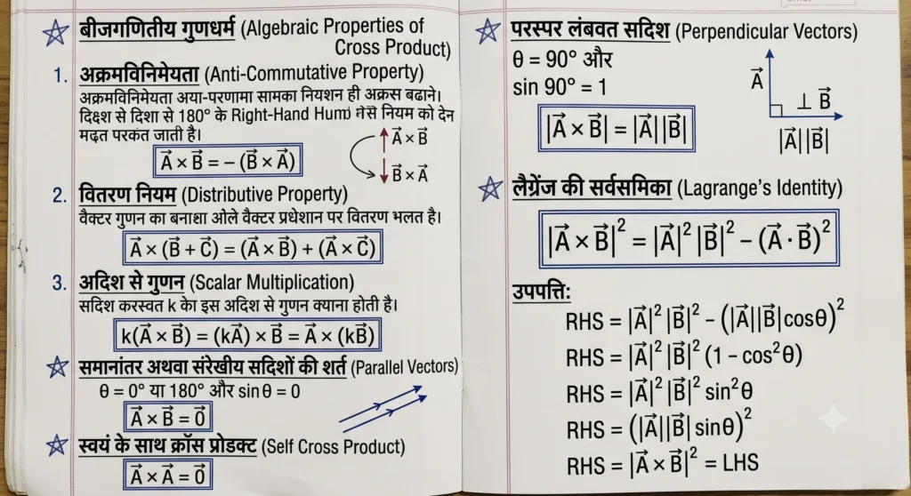 बीजगणितीय गुणधर्म (Algebraic Properties of Cross Product)