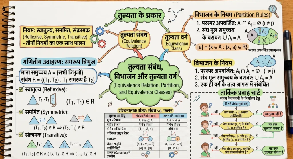 तुल्यता संबंध, विभाजन और तुल्यता वर्ग (Equivalence Relation, Partition, and Equivalence Classes)