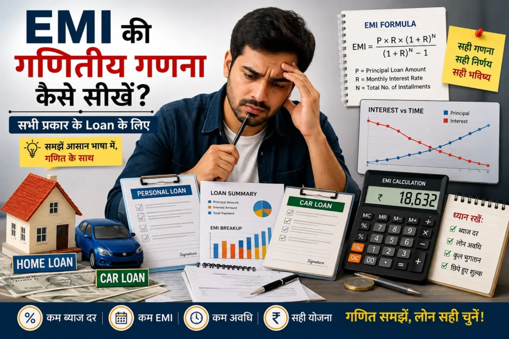 EMI से जुड़े विभिन्न Loan (Home, Car, Personal) के कागज़, Calculator, और ग्राफ़ के साथ परेशान/सोचते व्यक्ति का चित्र