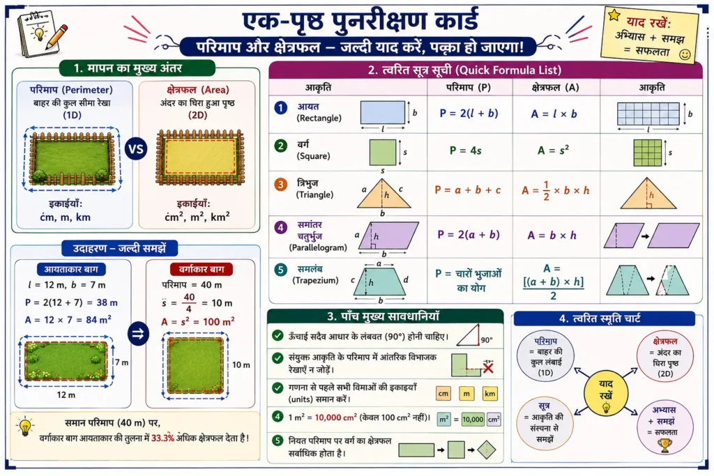 परिमाप और क्षेत्रफल का एक-पृष्ठ पुनरीक्षण कार्ड